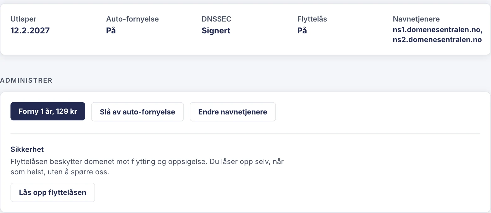 Domenets side i panelet: status for utløp, auto-fornyelse, DNSSEC og flyttelås øverst, og under Sikkerhet knappen Lås opp flyttelåsen.
